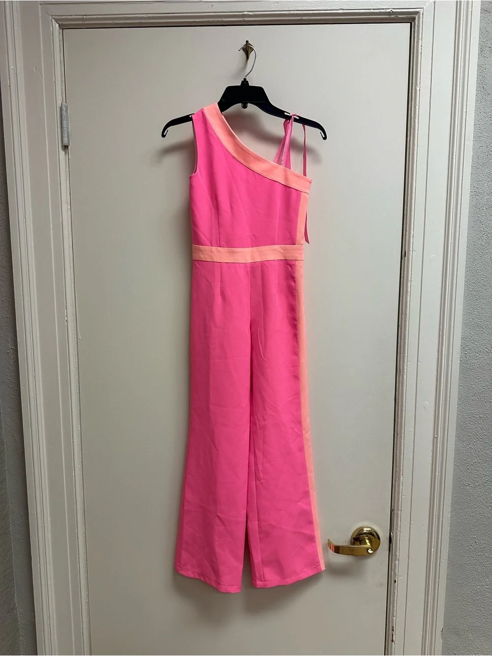 Girls' Pink One-Shoulder Jumpsuit with Peach Trim